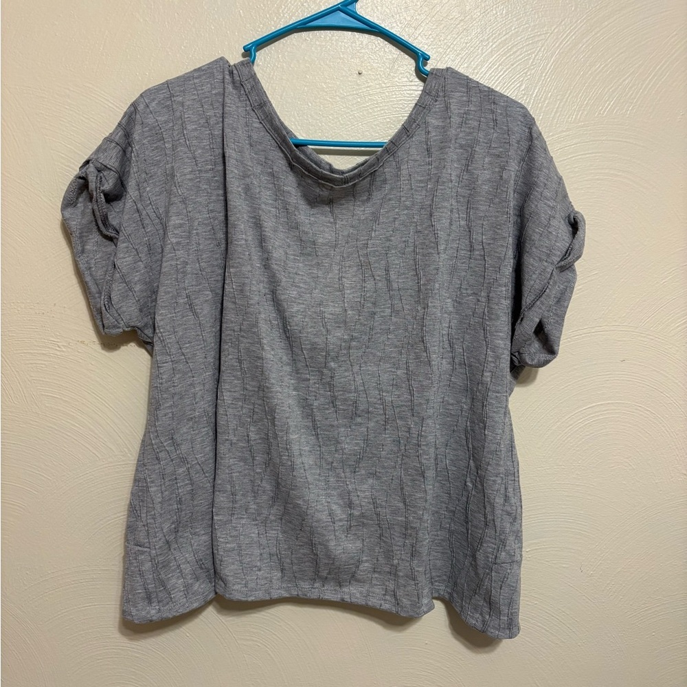 Gilli Large Gray Textured Rib Knit Short Sleeve Top Stretch Casual